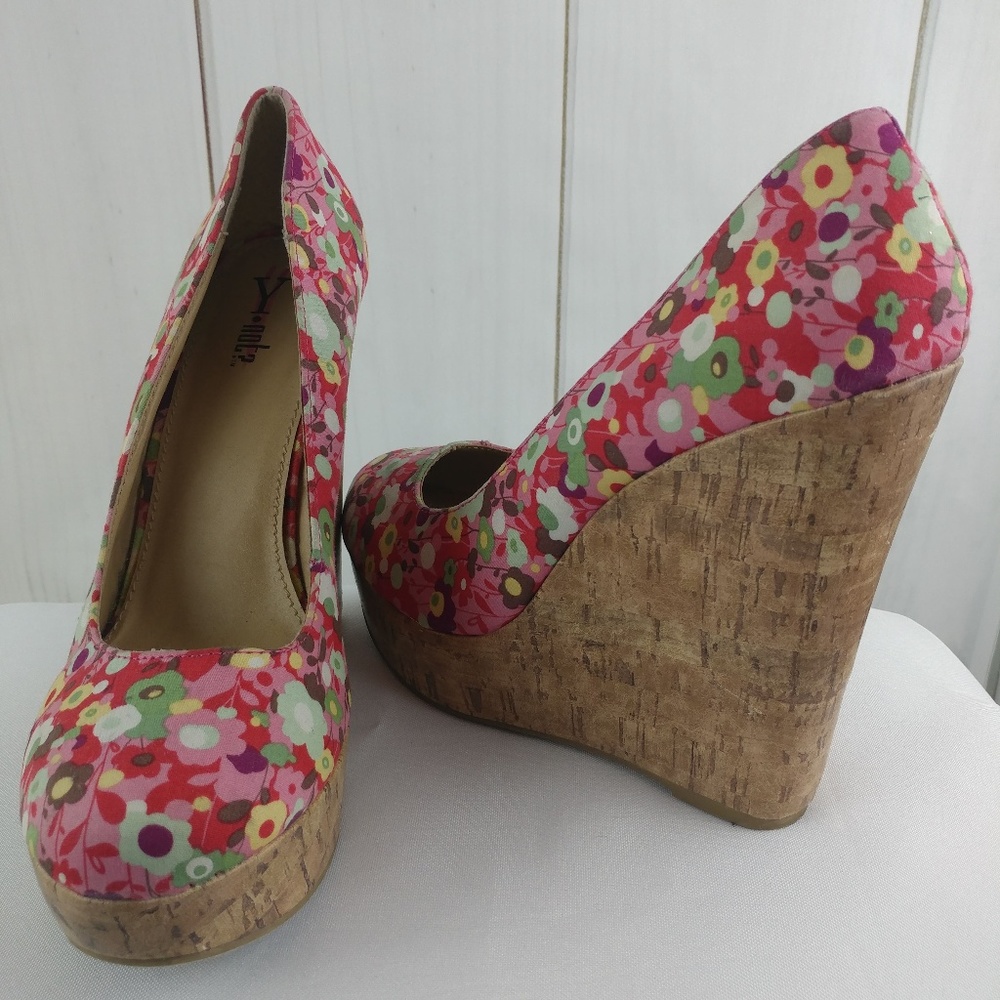 Y Not? Cork Platform Floral Wedge Pink